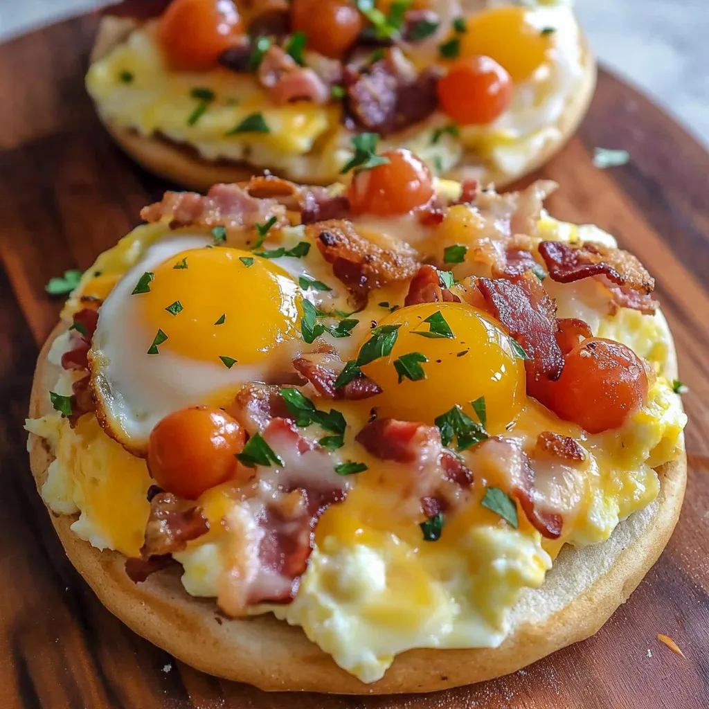 A breakfast pizza with eggs, bacon, and tomatoes.