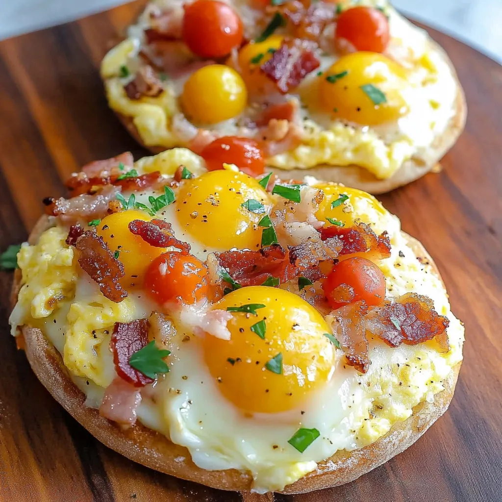 A breakfast pizza with eggs, tomatoes, and bacon.