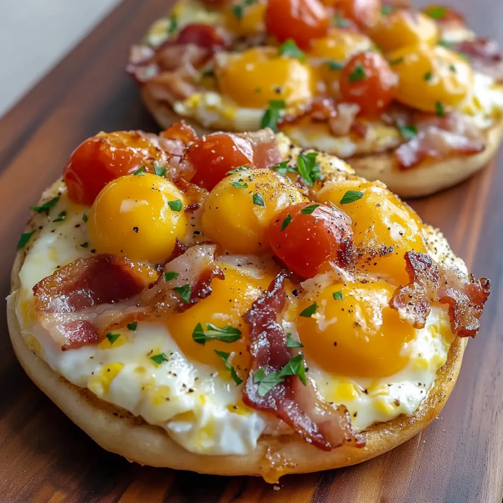 A breakfast pizza with tomatoes and bacon.