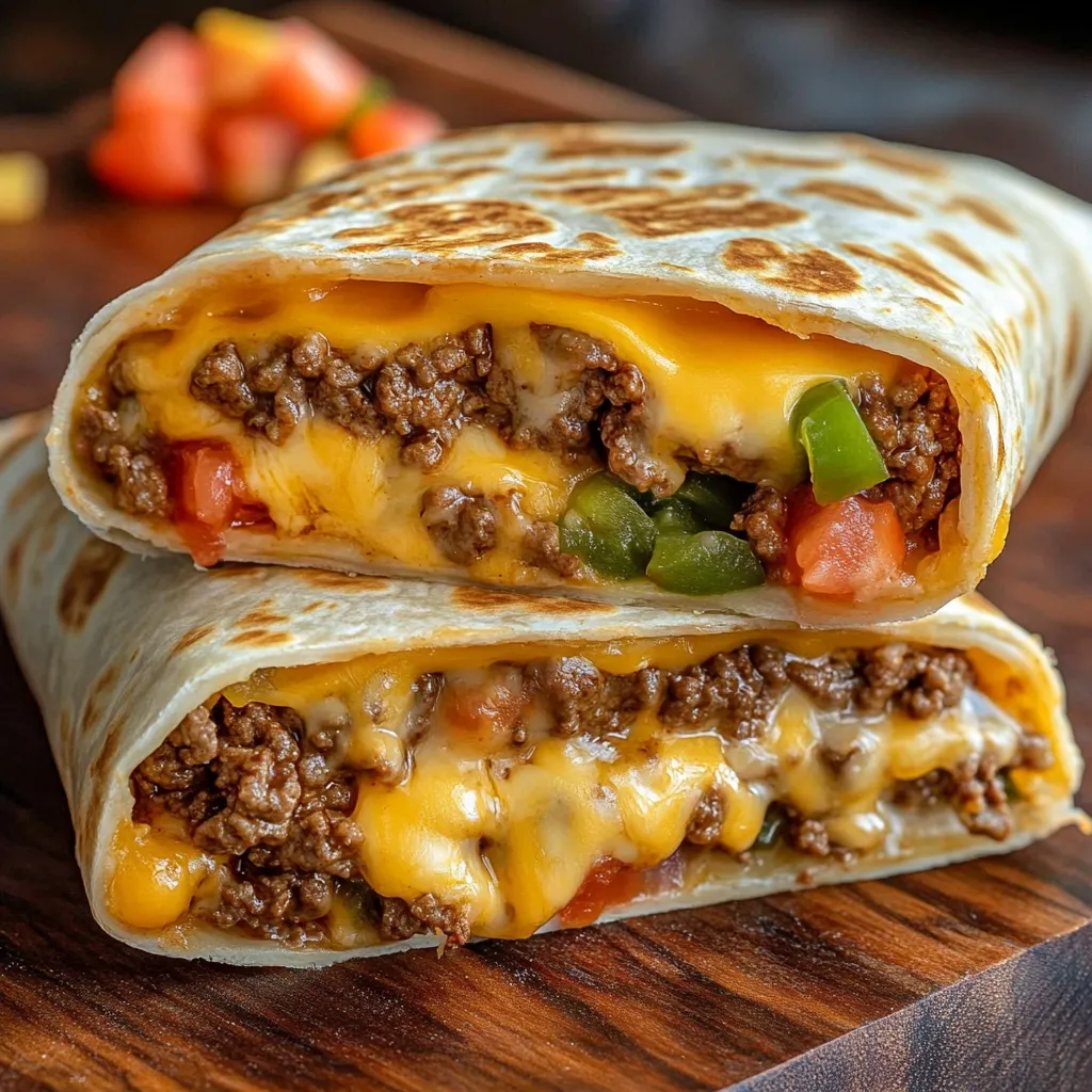 Two cheeseburger wraps on a wooden table.