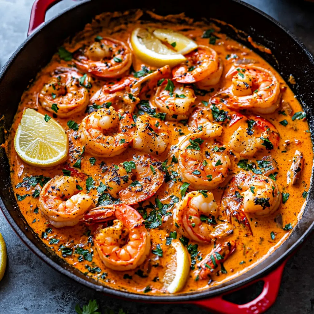 A skillet filled with shrimp and lemon wedges.