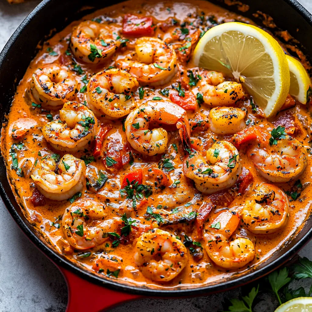 A skillet filled with shrimp and lemon.