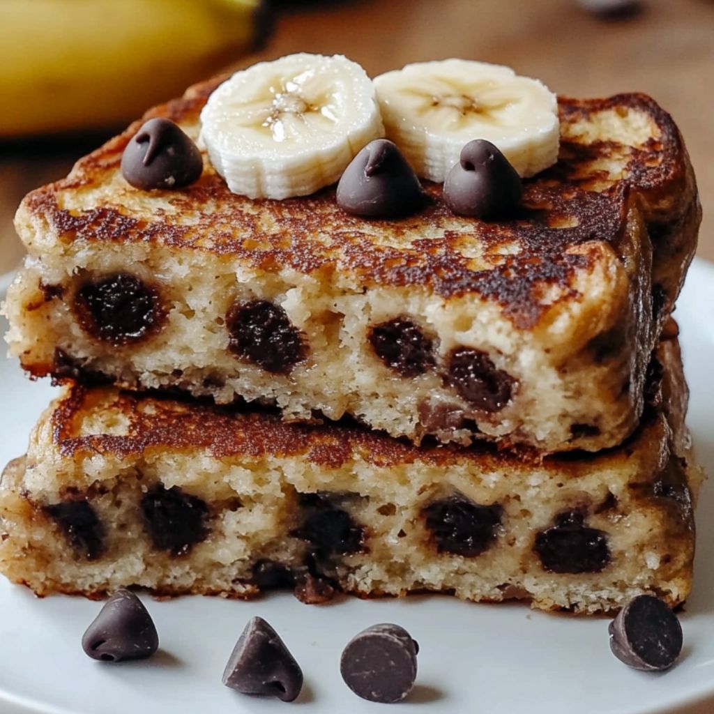 A stack of banana pancakes with chocolate chips on top.
