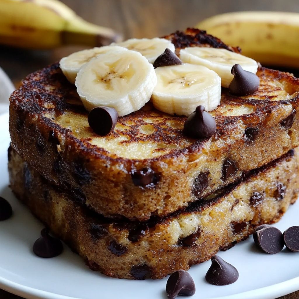 A stack of banana pancakes with chocolate chips on top.