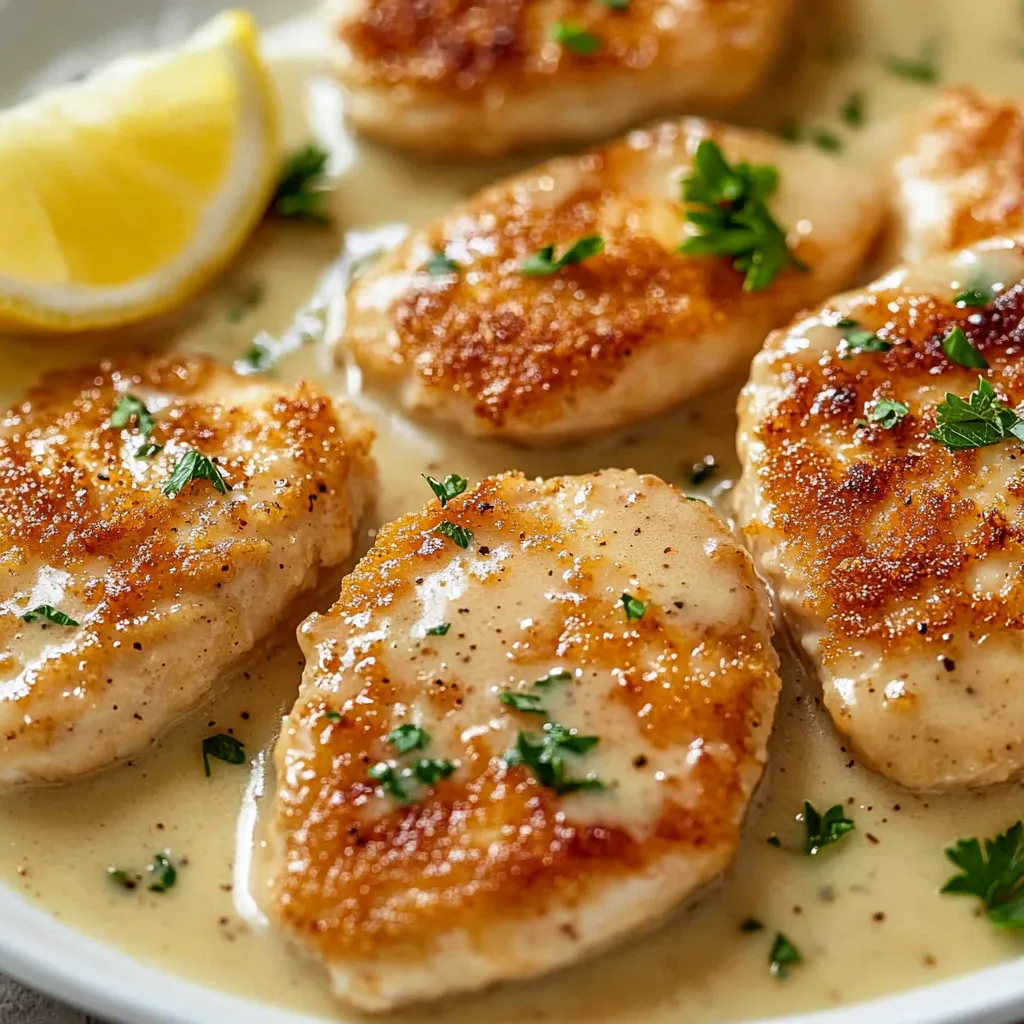 A plate of chicken scallopini with lemon wedges on top.