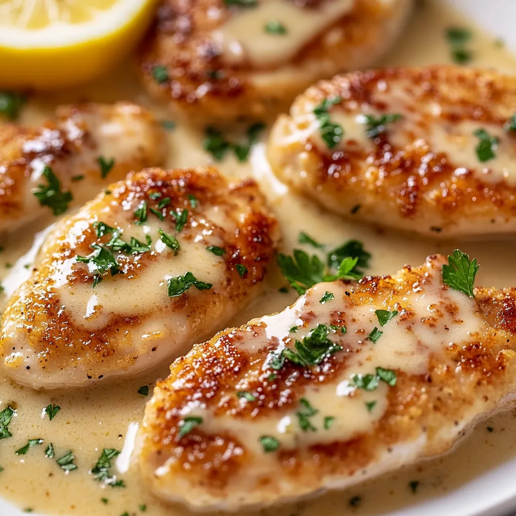 A plate of chicken scallopini with lemon wedges on top.