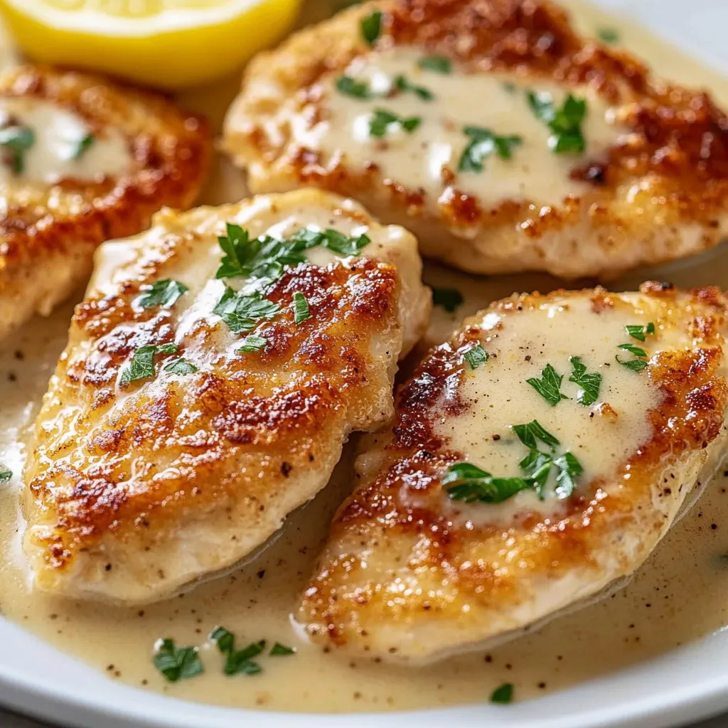 A plate of chicken scallopini with lemon wedges on top.