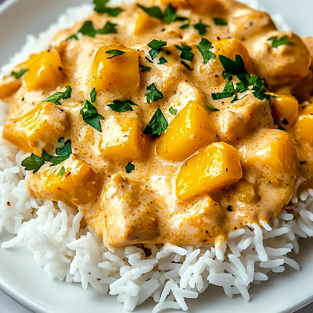 A plate of creamy smothered chicken and rice.