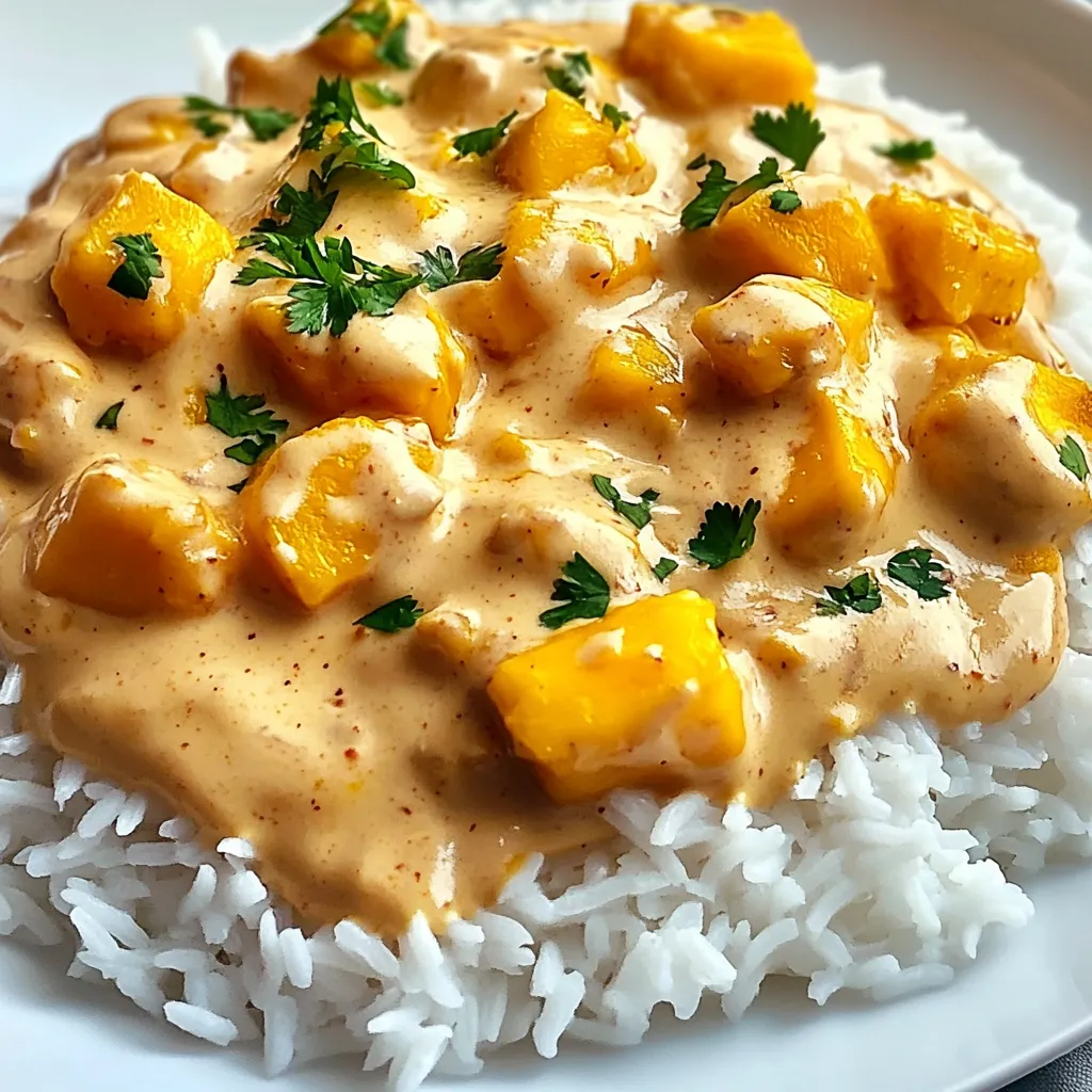 Close-up of creamy chicken over rice with cheese sauce.