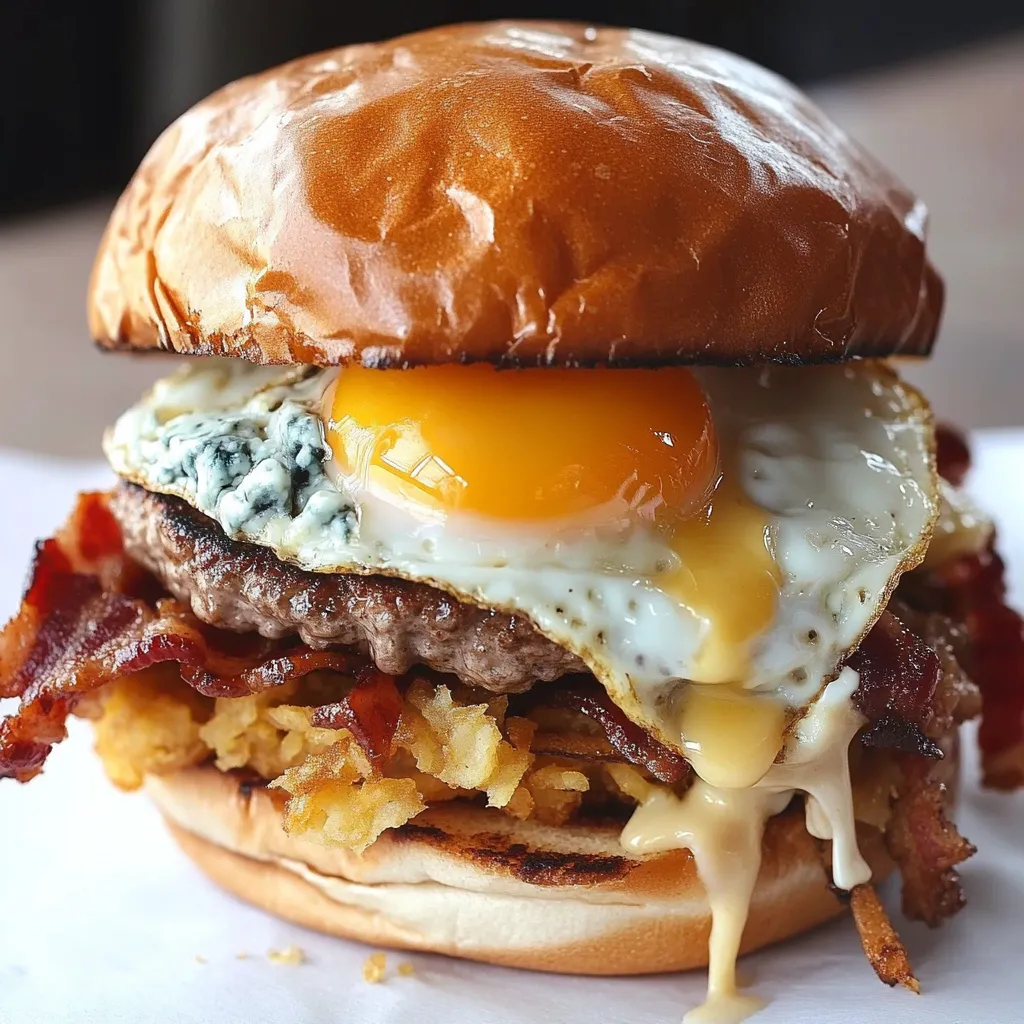 A hangover burger with a fried egg on top.