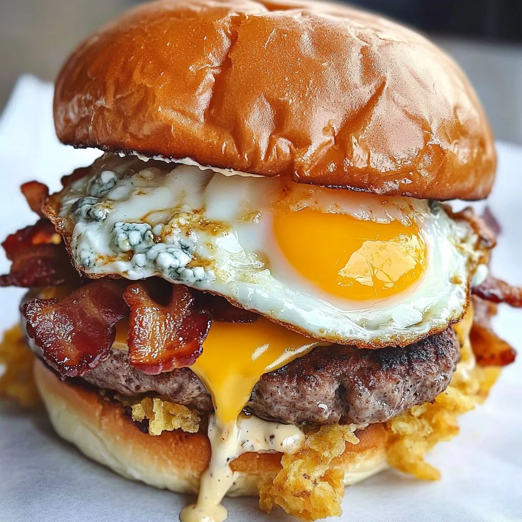 A hangover burger with bacon, egg, and cheese.