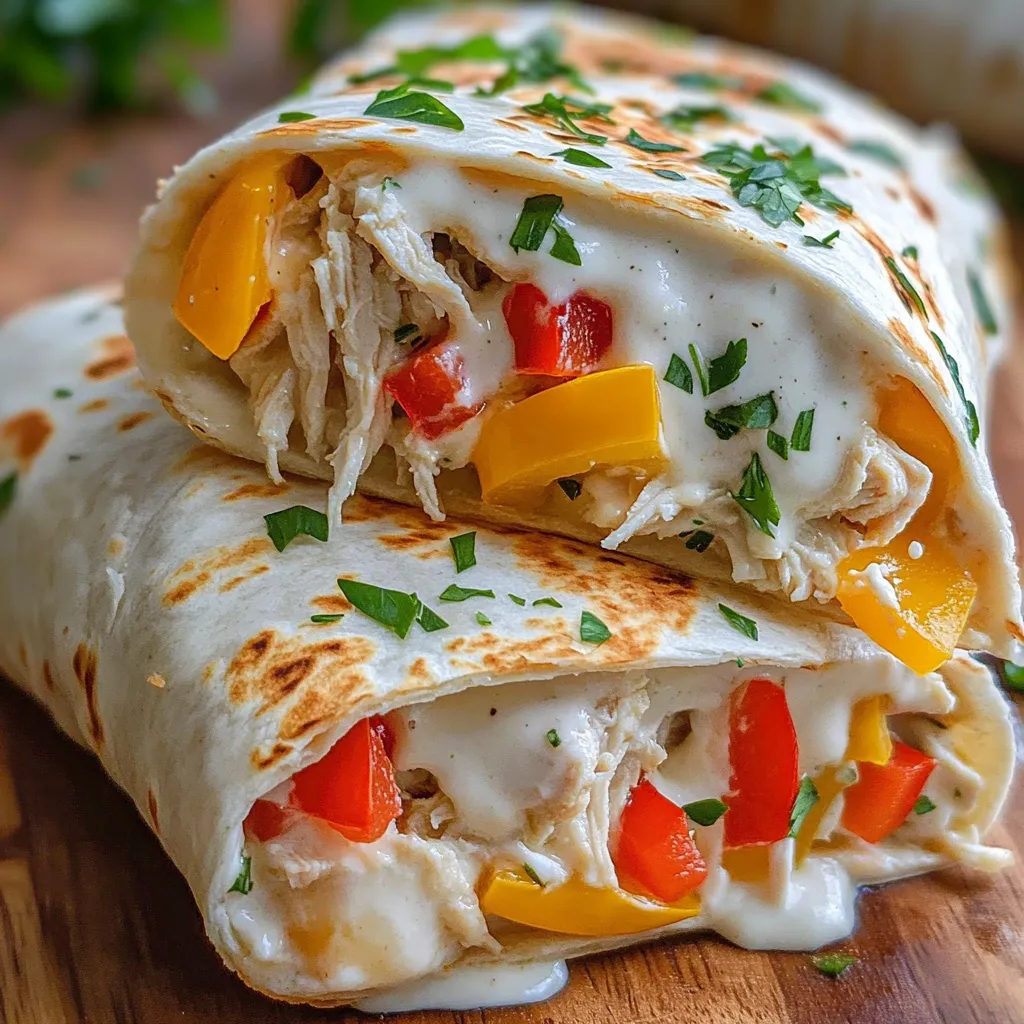 Two chicken bell pepper ranch burritos on a table.