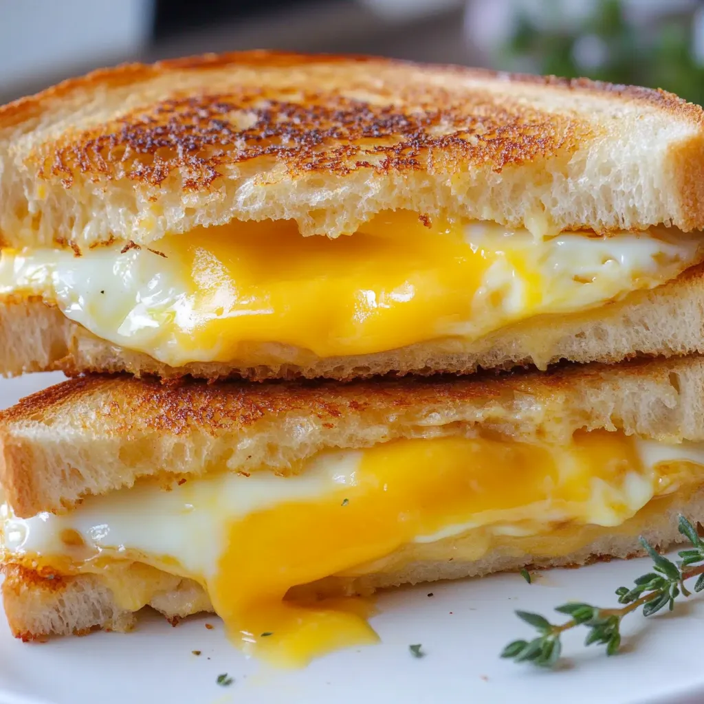 A grilled cheese sandwich with a fried egg on top.