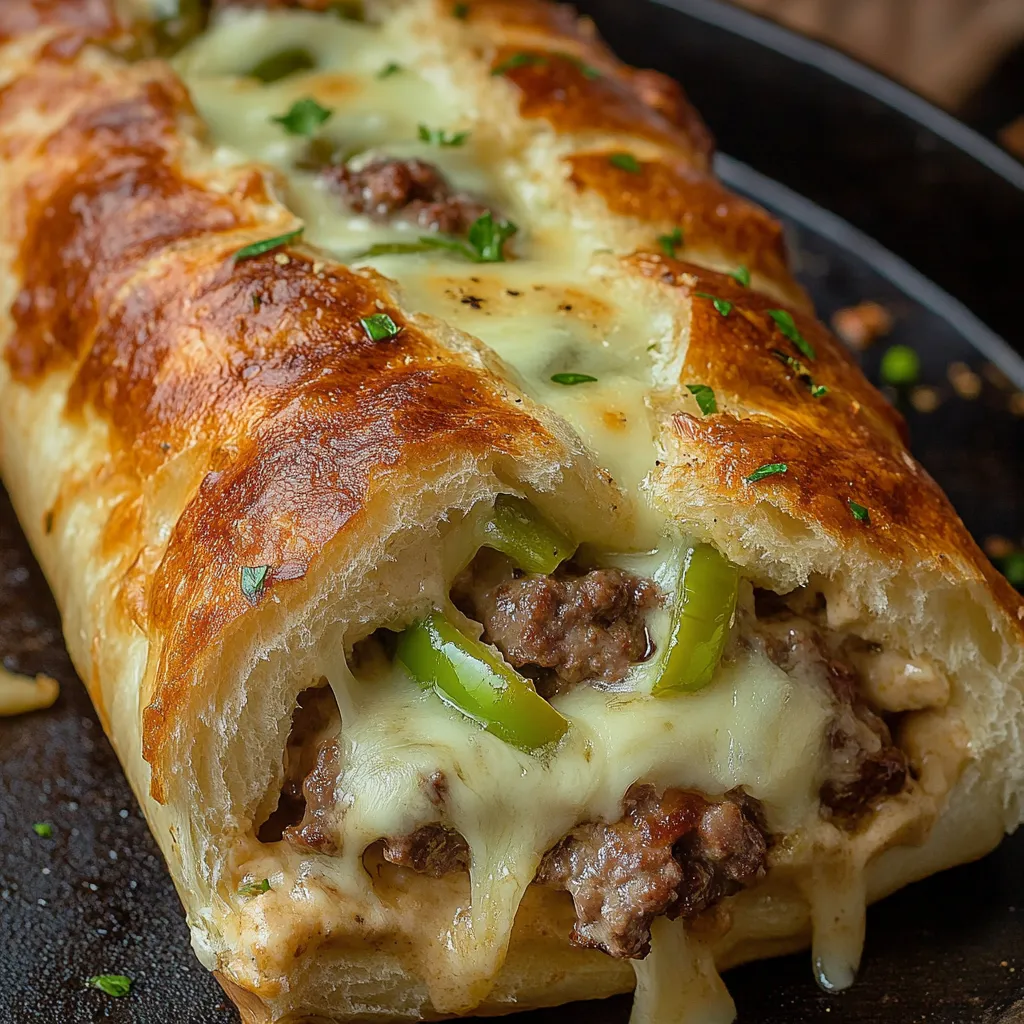 A slice of a Philly Cheesesteak Stromboli.