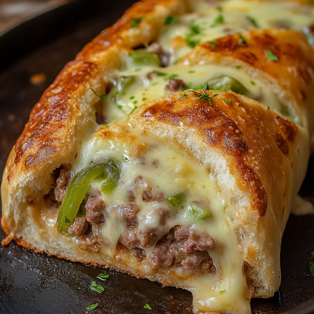 A slice of a Philly Cheesesteak Stromboli.