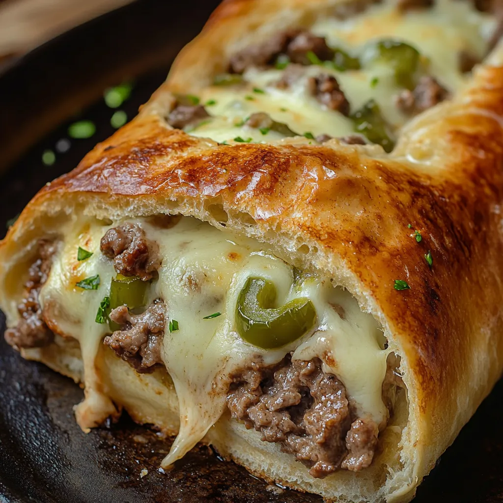 A close up of a Philly Cheesesteak Stromboli.