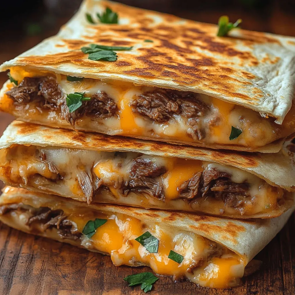 A stack of three steak quesadillas.