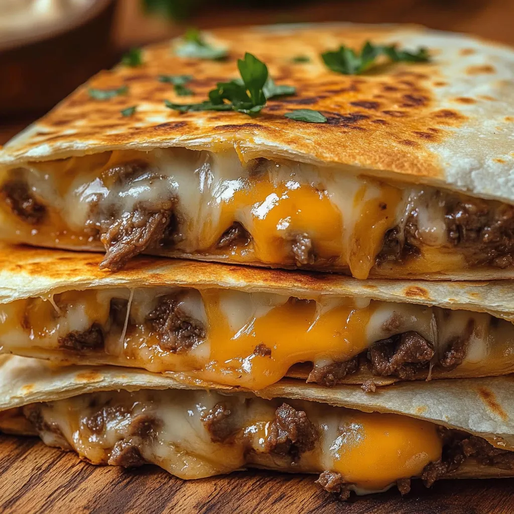 A stack of three quesadillas with cheese.