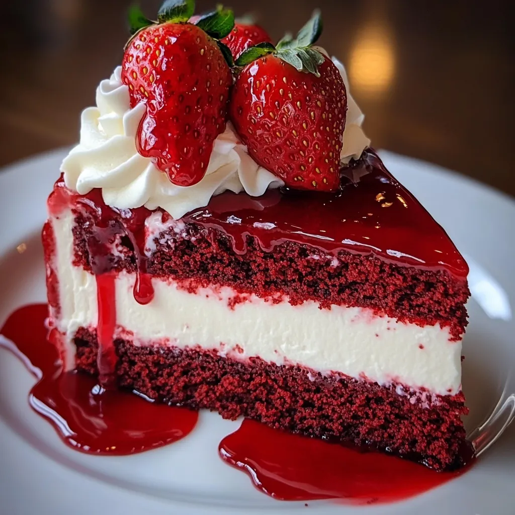 A slice of red velvet strawberry cheesecake.