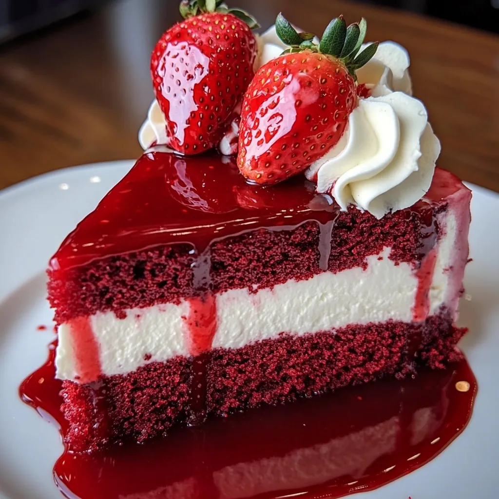 A slice of red velvet strawberry cheesecake.