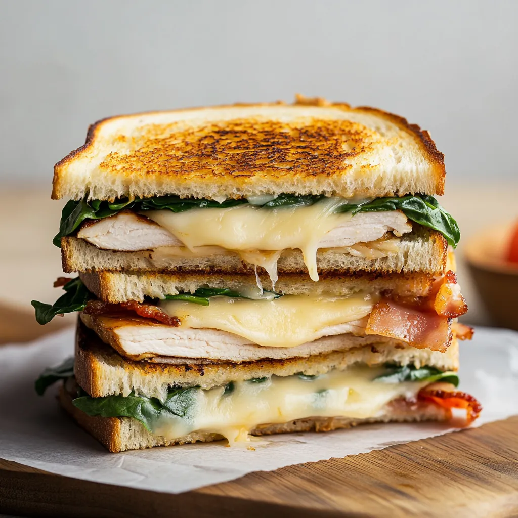 A sandwich with chicken, bacon, and spinach.