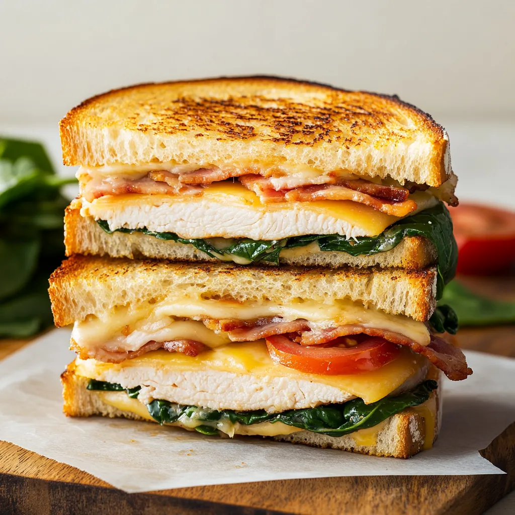 A sandwich with bacon, spinach, and cheddar cheese.