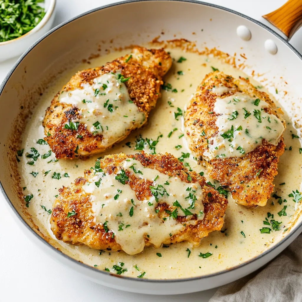 A pan of Parmesan crusted chicken with lemon cream sauce.