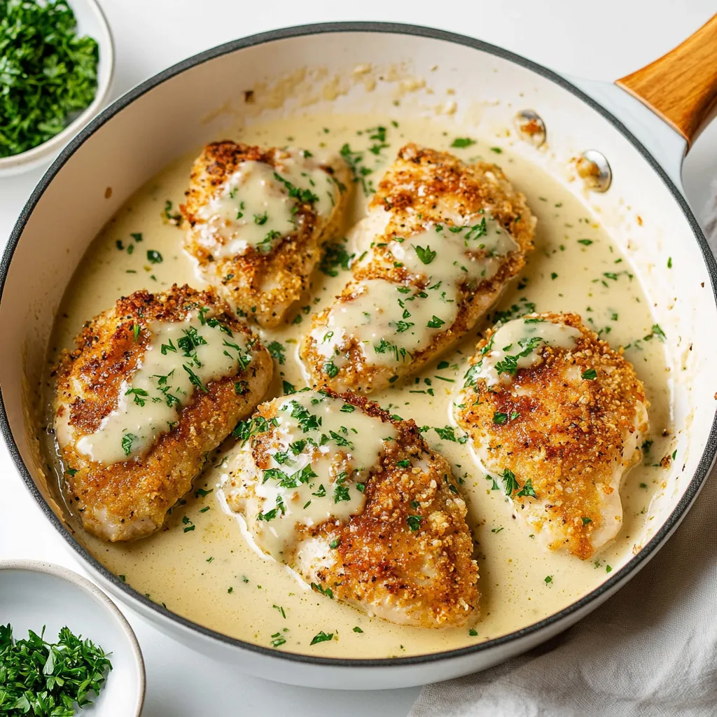 A pan of Parmesan crusted chicken with lemon cream sauce.