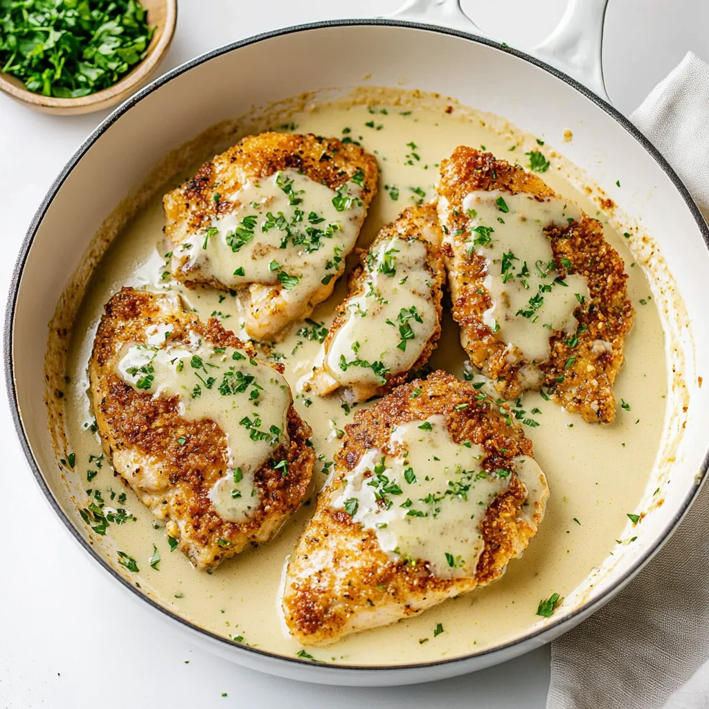 A dish of Parmesan crusted chicken with lemon cream sauce.