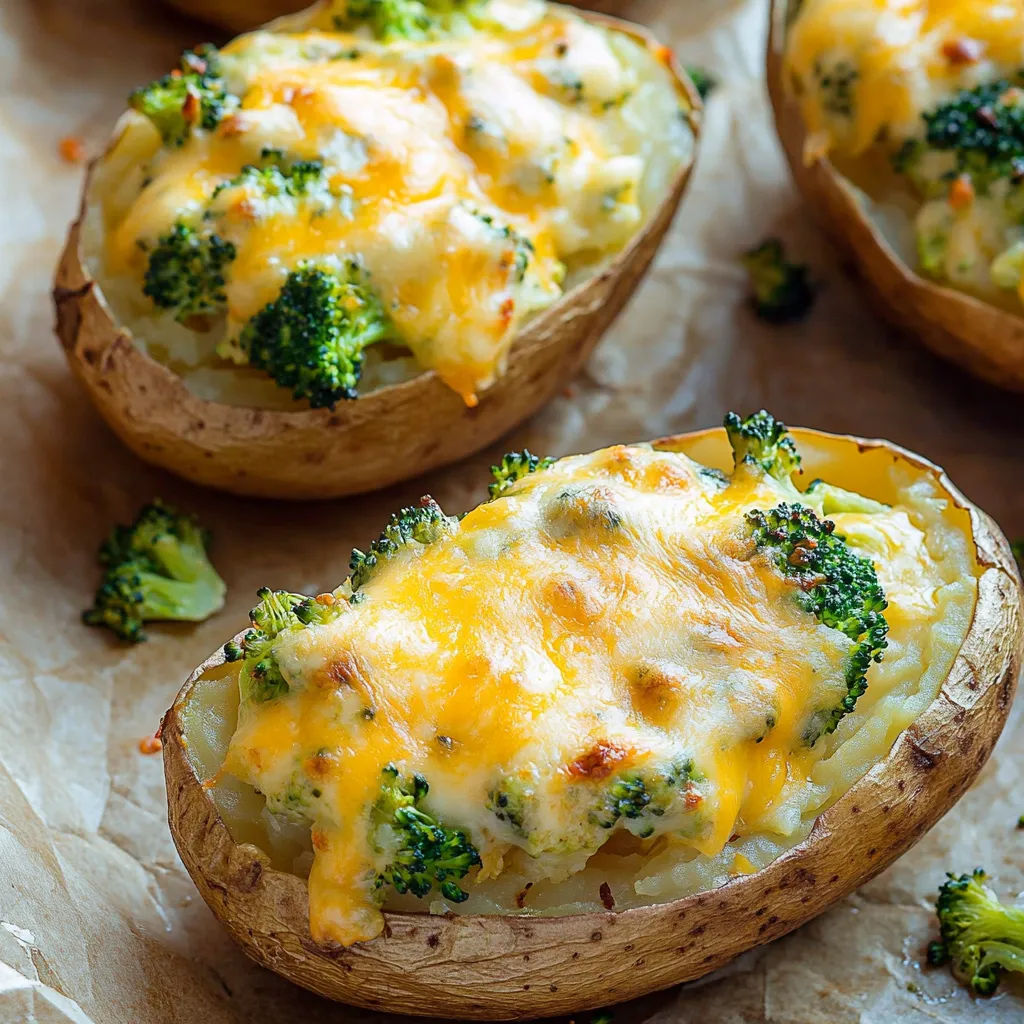 Twice-baked potatoes with broccoli and cheddar cheese.