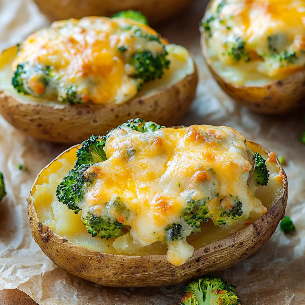 Twice-baked potatoes with broccoli and cheddar cheese.