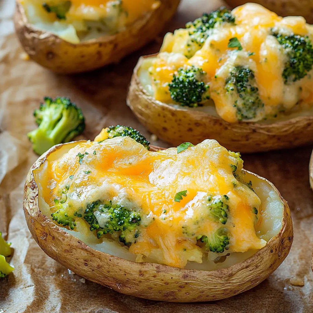 Twice-baked potatoes with broccoli and cheddar cheese.