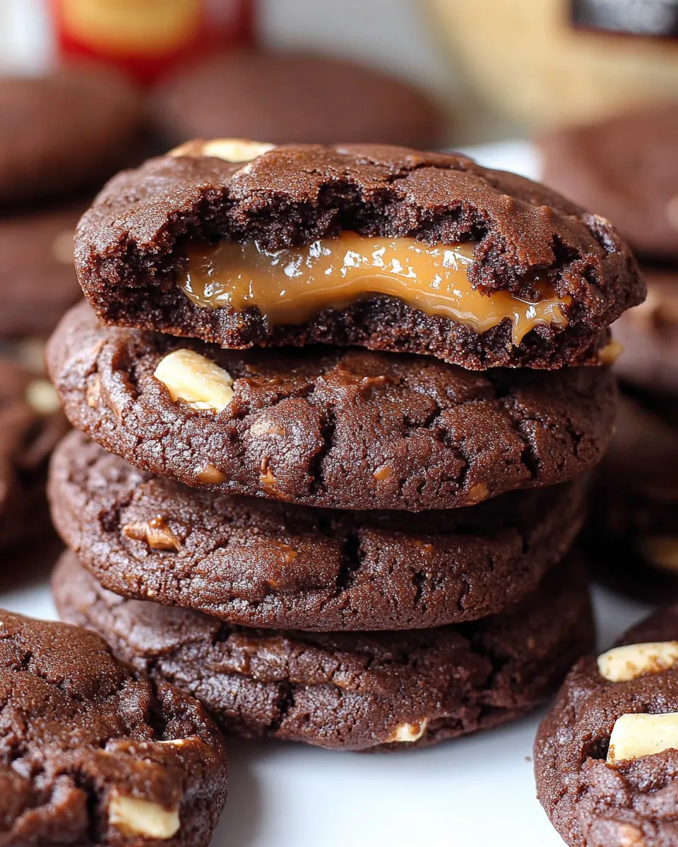 Biscoff stuffed cookies stacked on a plate.