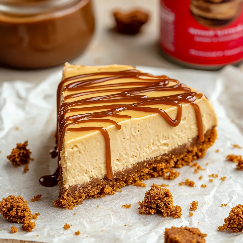 A slice of Biscoff cheesecake with caramel drizzle.