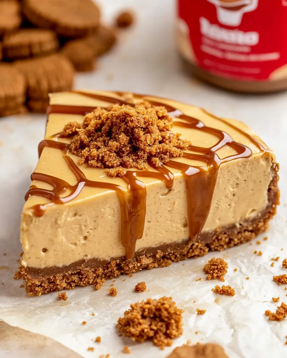 A slice of Biscoff cheesecake with caramel drizzle.