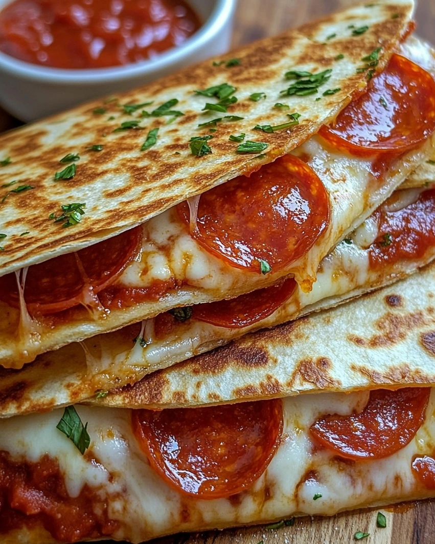 Three pepperoni pizza quesadillas stacked on top of each other.