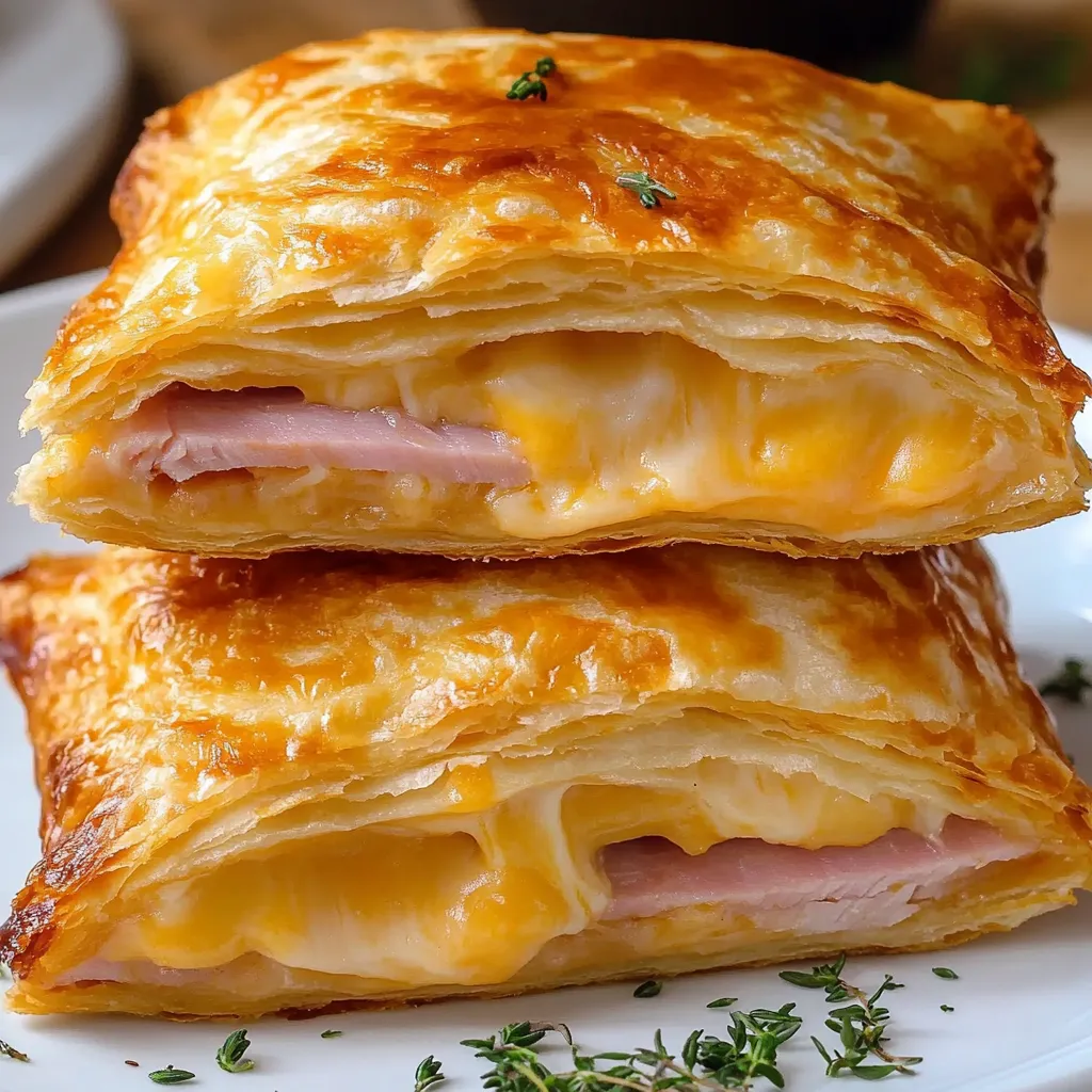 Two slices of ham and cheese pockets.
