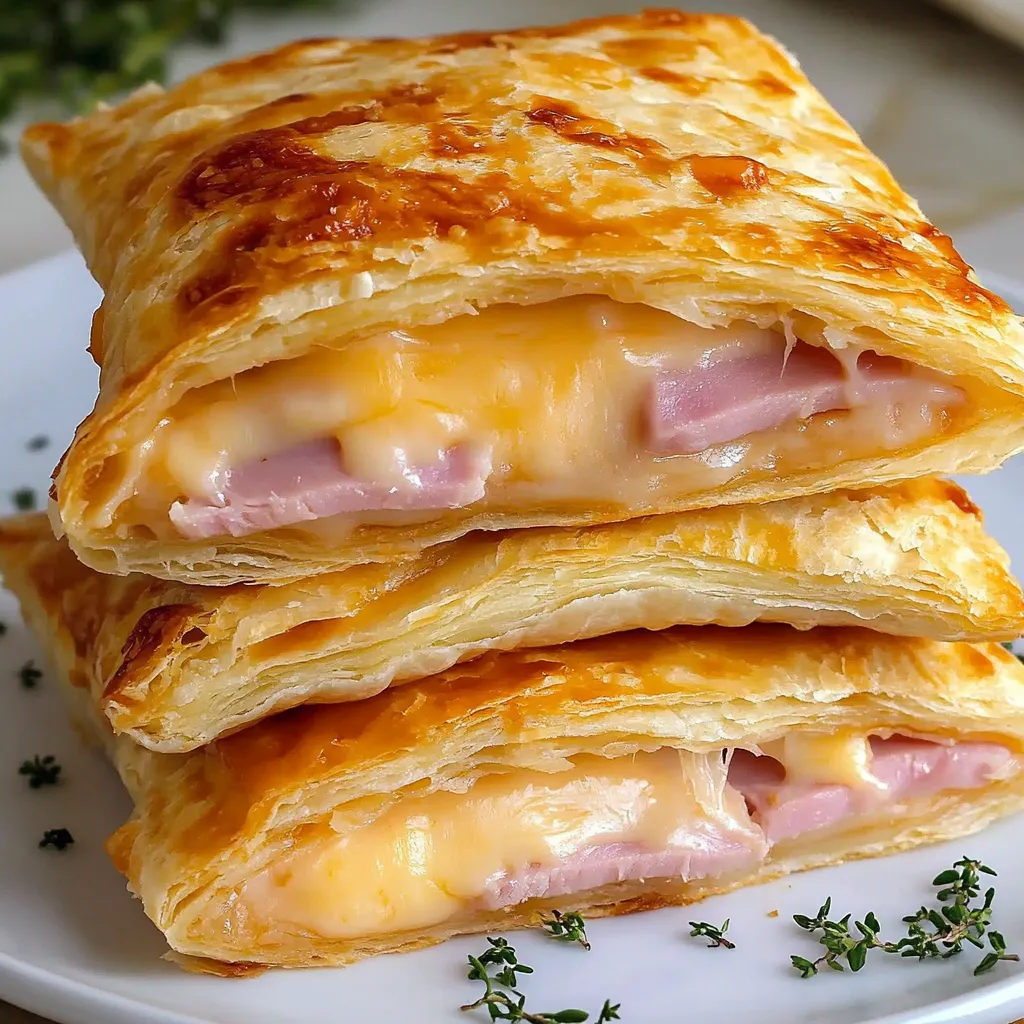 Three slices of ham and cheese pockets stacked on a plate.