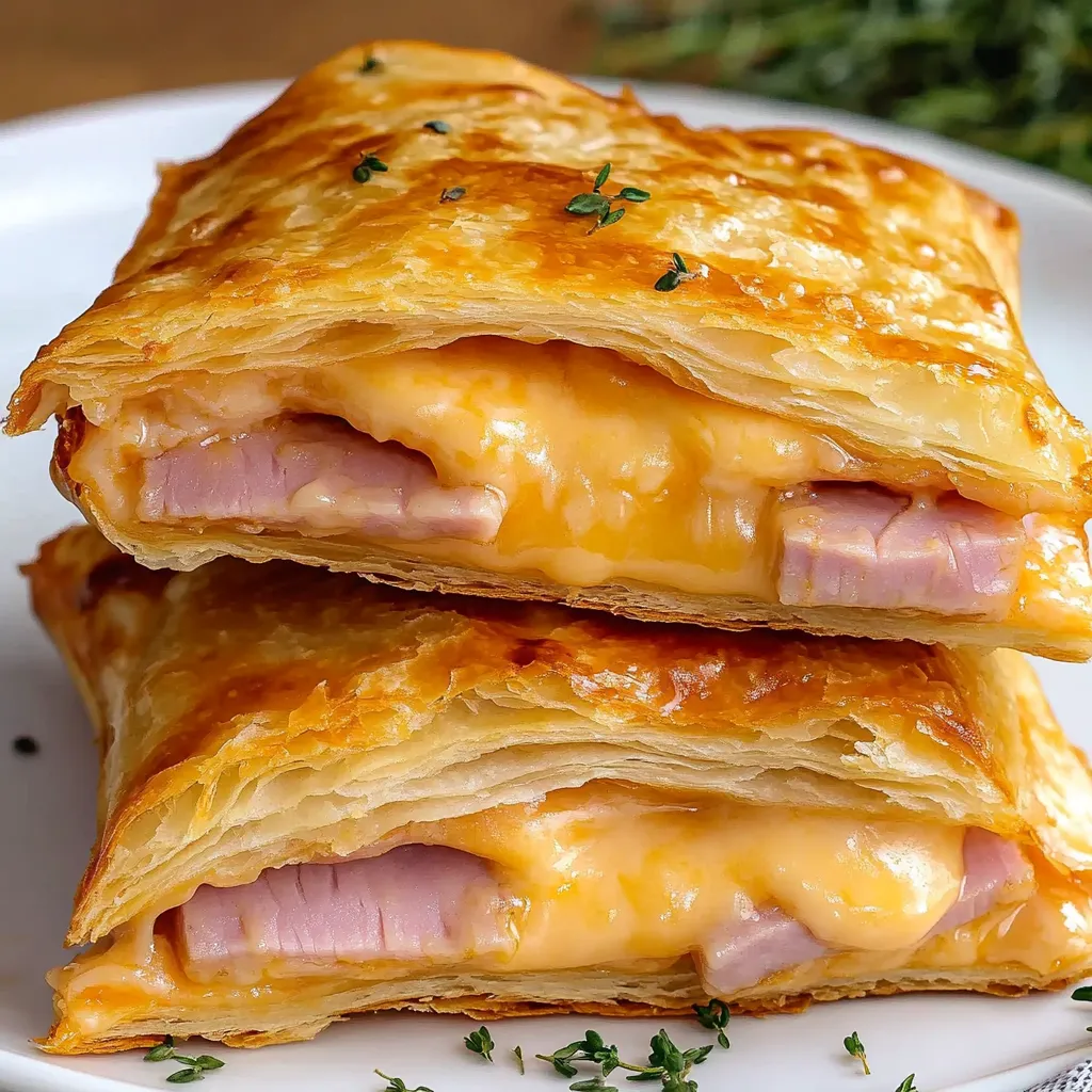 Two slices of ham and cheese pockets.