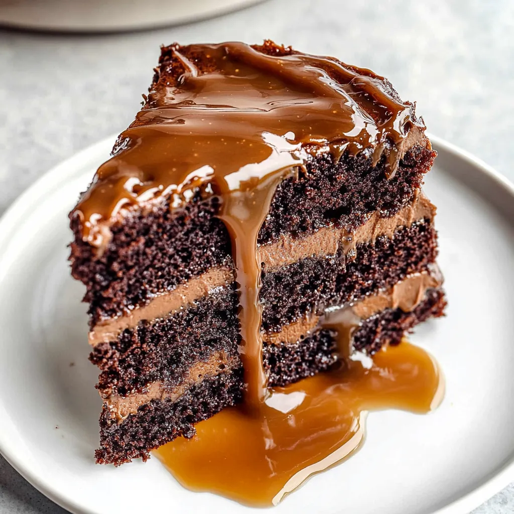 A slice of moist chocolate caramel cake.