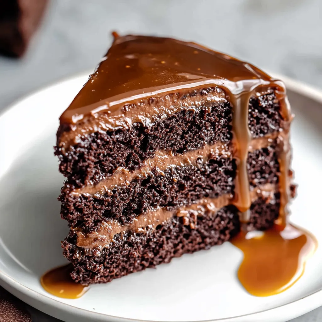 A slice of moist chocolate caramel cake.
