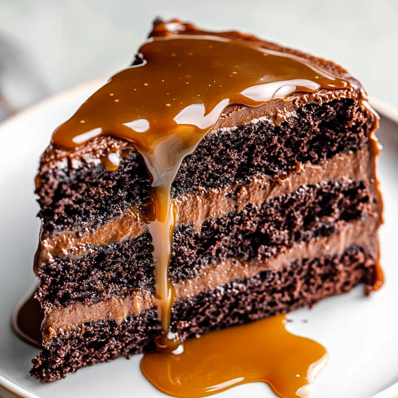 A slice of moist chocolate caramel cake.