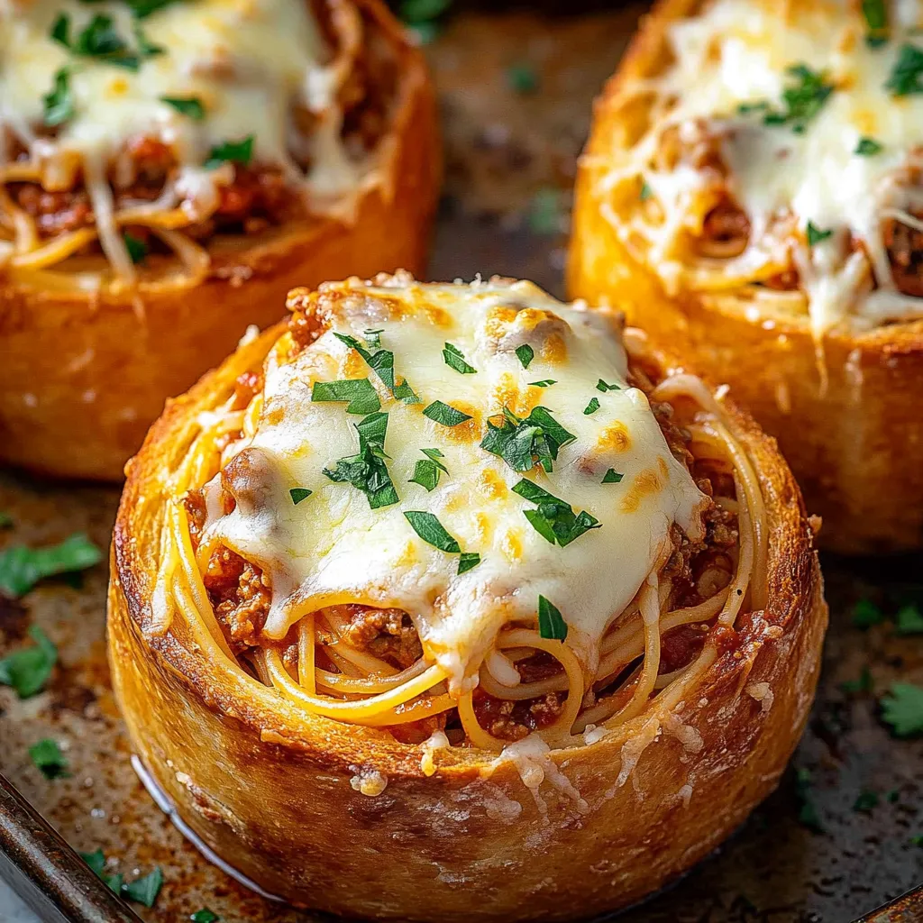 Two garlic bread bowls filled with spaghetti.