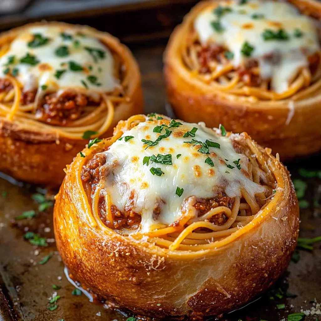 Three spaghetti garlic bread bowls on a tray.