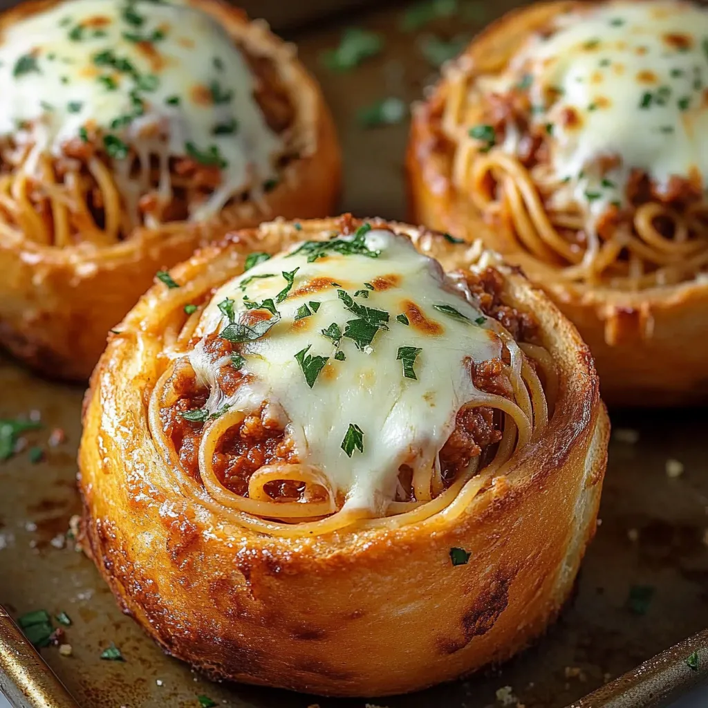 Two garlic bread bowls filled with spaghetti.