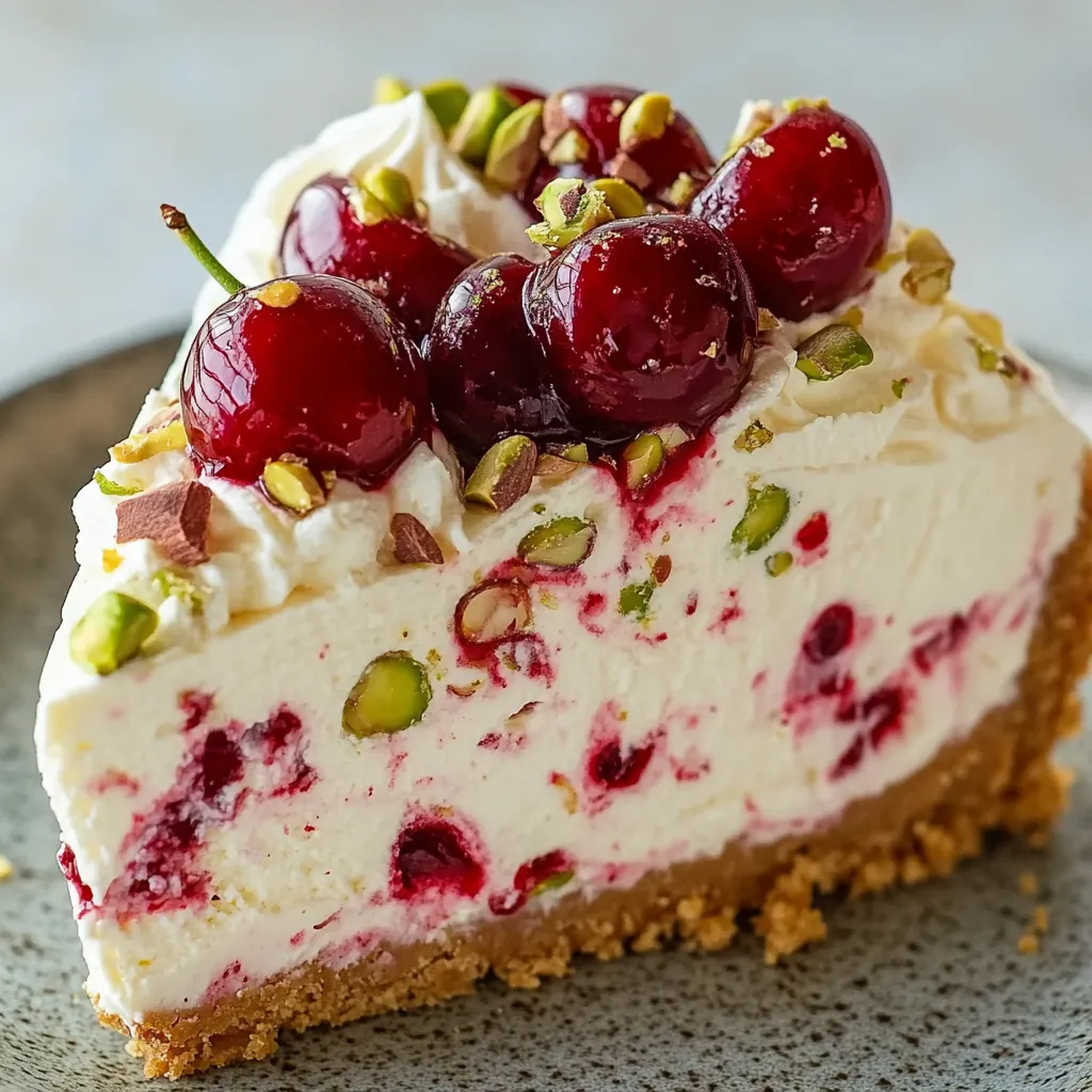 A slice of lemon-lime cherry pistachio cheesecake.