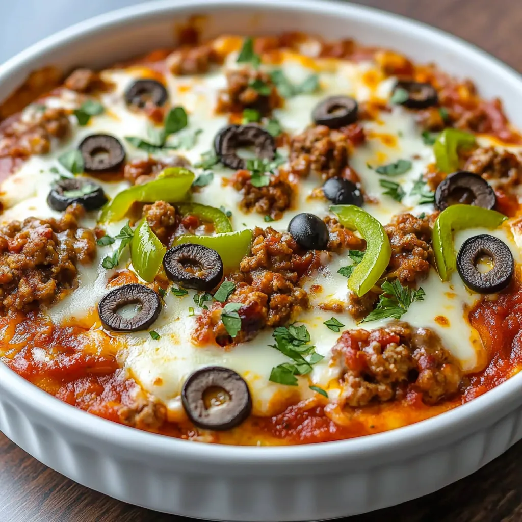 A bowl of pizza with olives and peppers.