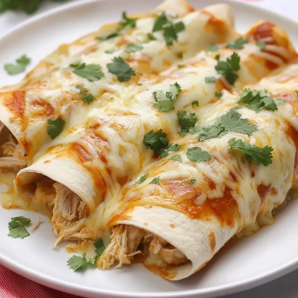 A white plate with a delicious meal of chicken enchiladas.