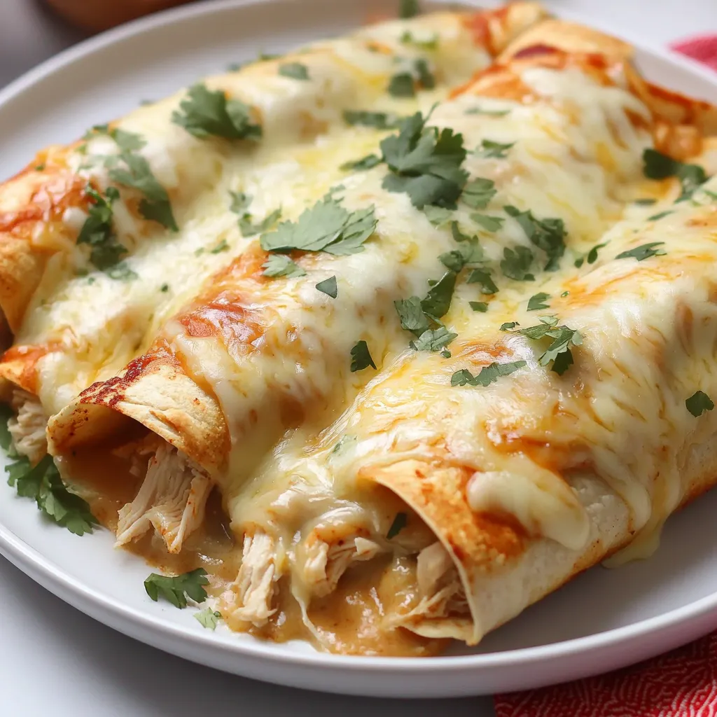 A white plate with a delicious looking white chicken enchilada.