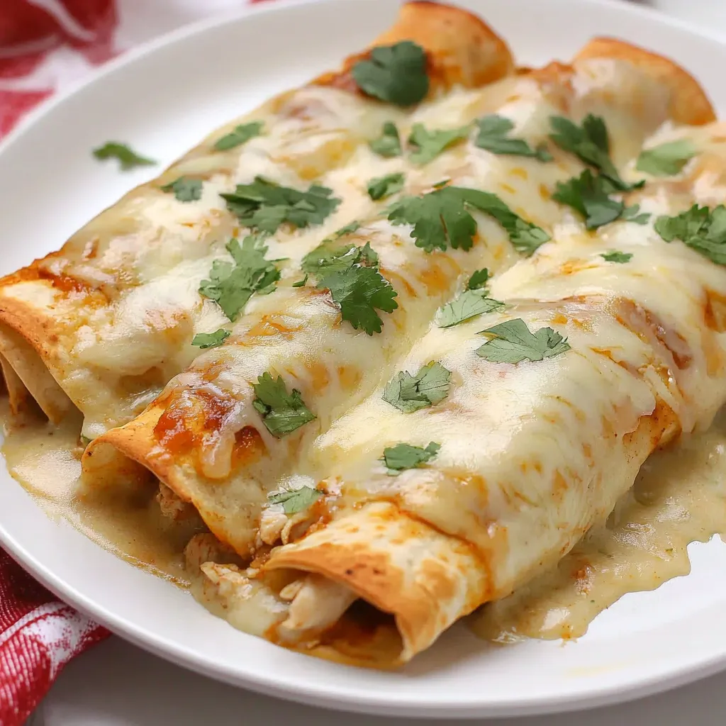 A plate of white chicken enchiladas.